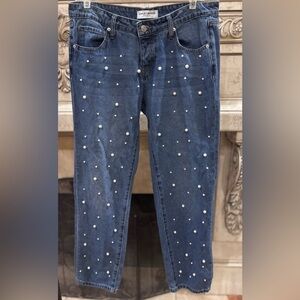 Ashley Mason Pearl Studded Buttonfly Light Wash Denim Blue Jeans Size 9/29